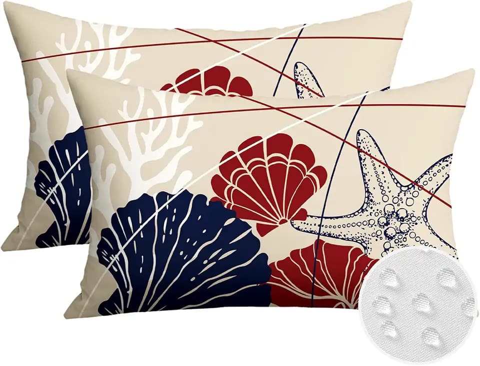 OTOSTAR Set of 2 Outdoor Throw Pillow Covers 16x24 Inch Waterproof Seashell Coral Starfish Decorative Pillow Covers Garden Decor Lumbar Cushion Cases for Bench Patio Furniture Couch Sofa Dark Blue Red