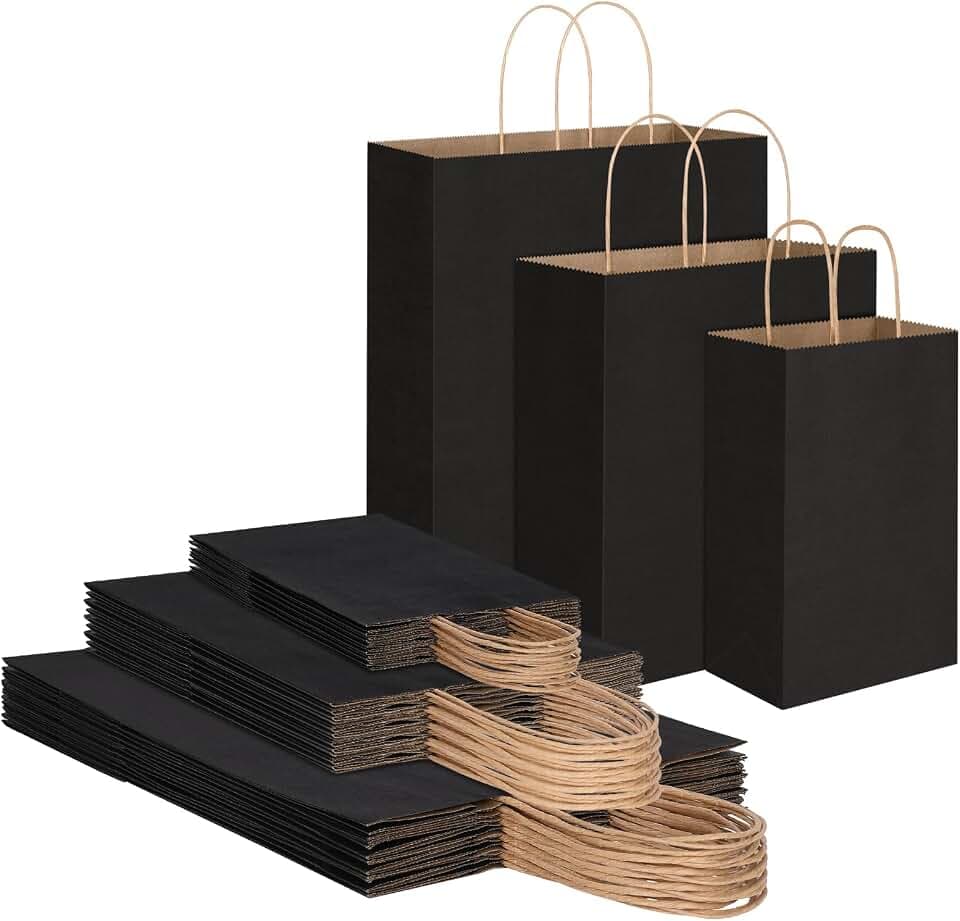 Toovip 90 Pack Black Kraft Paper Bags with Handles Bulk, 3 Assorted Sizes Gift Wrap Bags for Favors Grocery Retail Party Birthday Shopping Business Goody Craft Merchandise Take Out Sacks