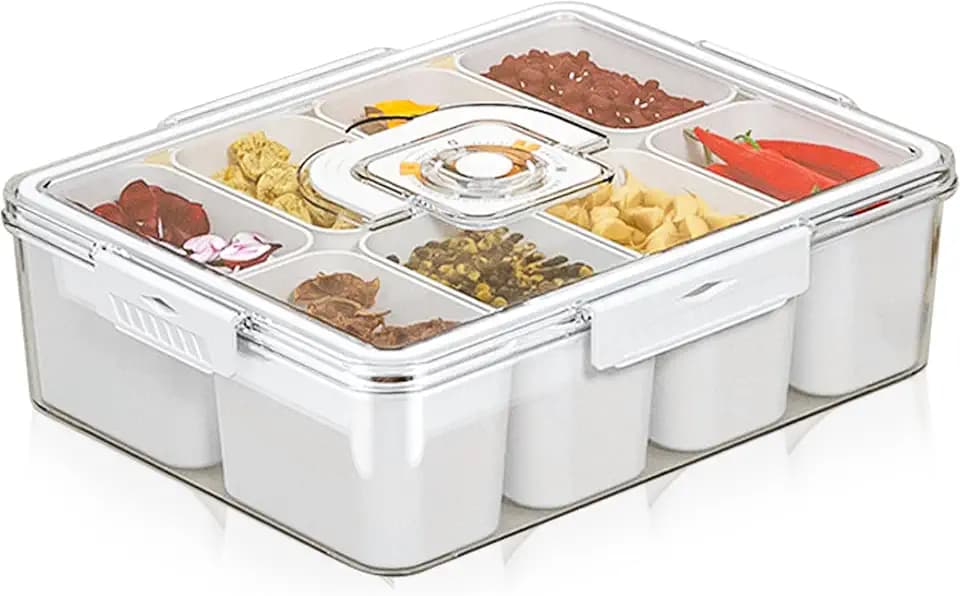 Snackbox mit Fächern Obst und Gemüse Tablett mit 8 Fächern Tragbare Snackschale mit Deckel Snack Schale mit Markierungsdatum für Snacks Obst und Gewürze