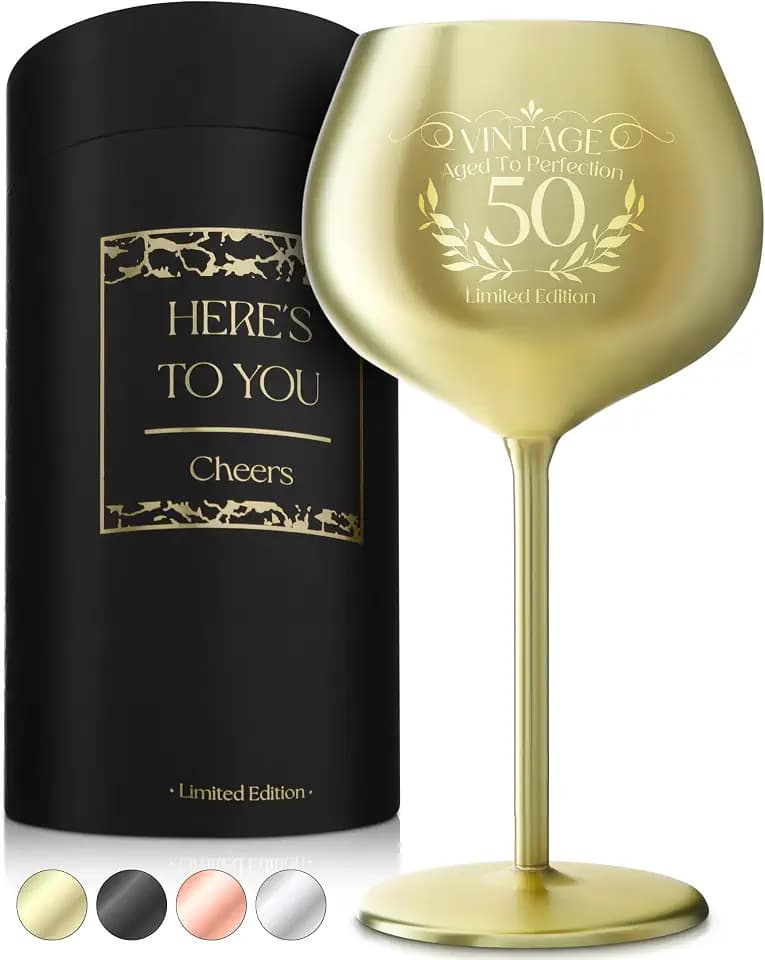 Gusto Nostro 50th Birthday Wine Glass - Classy 50th Birthday Gifts for Women/Men - Stainless Steel Wine Glass with Engraved Vintage Fifty Bday Quote & Gift Box - Gift for 50 Year Old Woman - Gift Idea