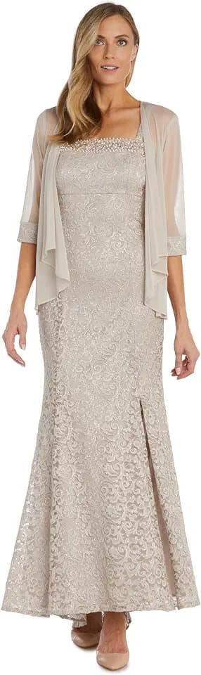 Elegant Long Glitter Lace Dress W/Pearl Neck Trim & Classic Sheer Jacket