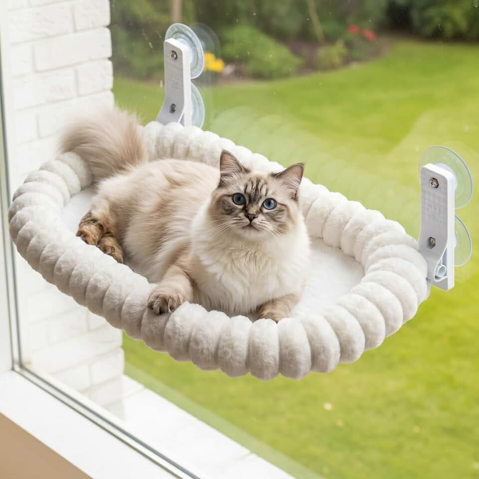 Katzen Fensterliege mit Saugnäpfen bis 18kg, waschbar, Weiß