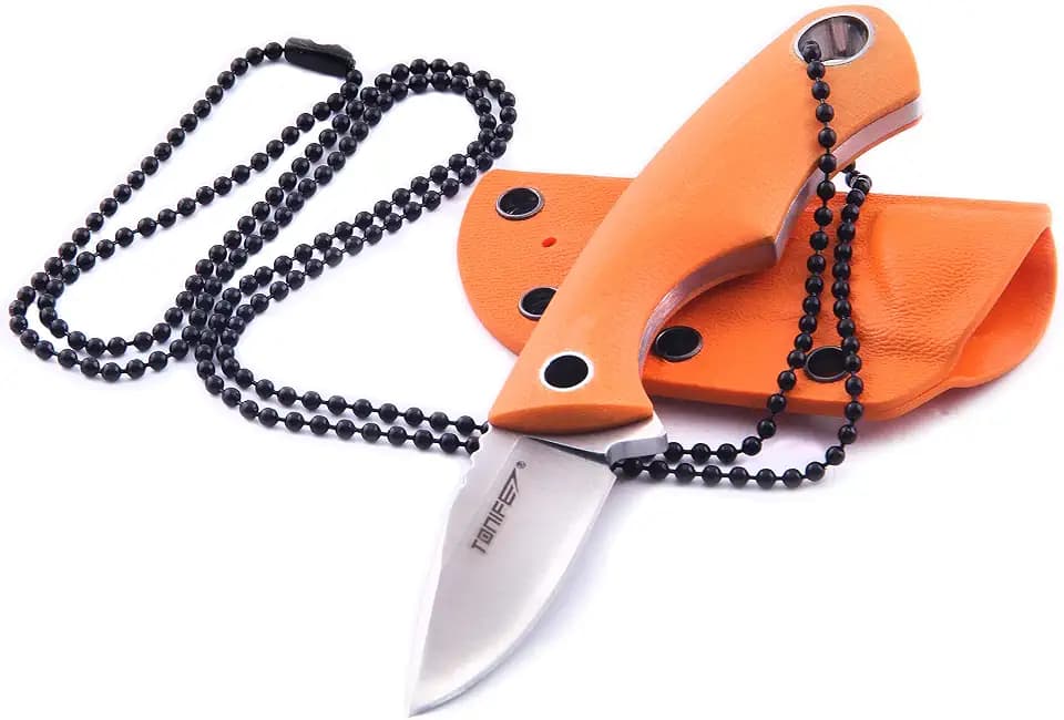 TONIFE Fixed Blade Neck Knife Full Tang 4-5/8 Inch Overall with Kydex Sheath and Ball Chain (Orange)