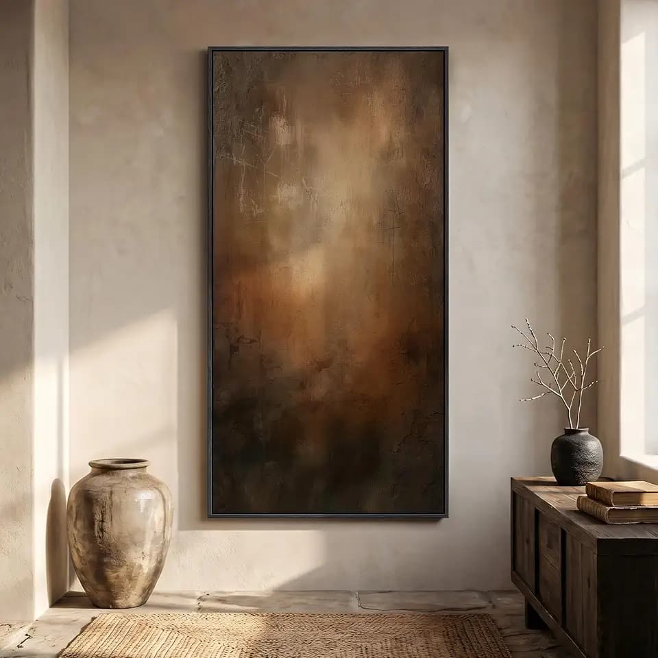 Large Framed Brown Moody Abstract Wall Art, 1 Piece Vertical 30x60 In