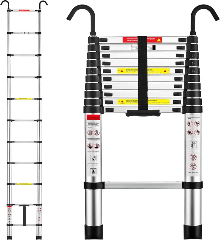 TEENO Teleskopleiter 3,2 m aus Aluminium, Teleskopleiter, zusammenklappbar, mit abnehmbarem Haken, maximale Belastung 150 kg