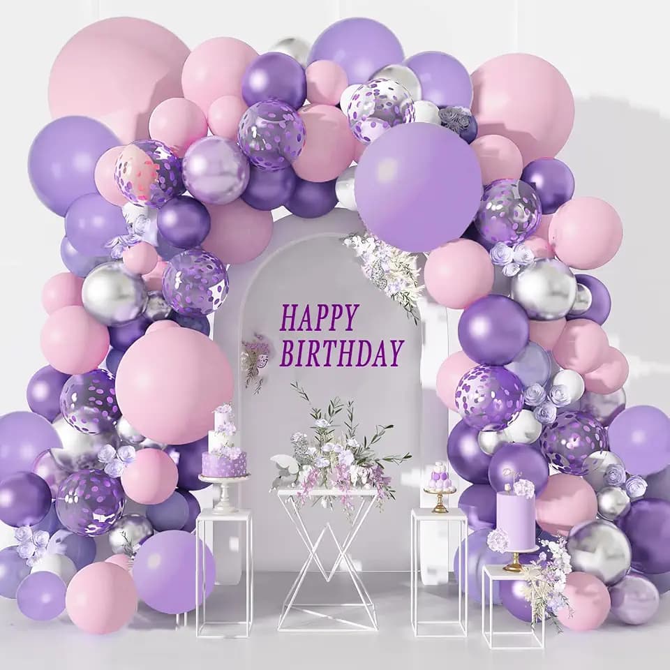 Purple Balloons Garland Arch Kit,131pcs Pink Purple Confetti Balloons with Silver Ballons for for Girl Baby Shower Birthday Wedding Anniversary Party Decorations