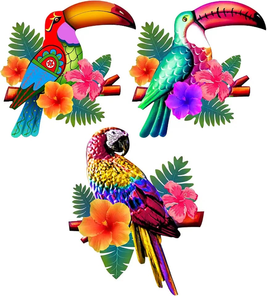 Meduofon 3 Pack Metal Birds Wall Art Decor, Beautiful Parrot Toucan Outdoor Wall Decor for Patio Wall Fence Deck Garden Home Balcony Tropical Bird Macaw Wall Sculpture Hanging for Indoor Outdoor