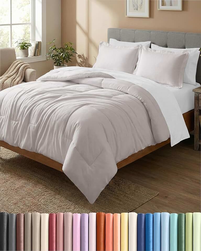 Queen Comforter Set - Light Grey Bedding for All Seasons - 3 Piece Bed Set