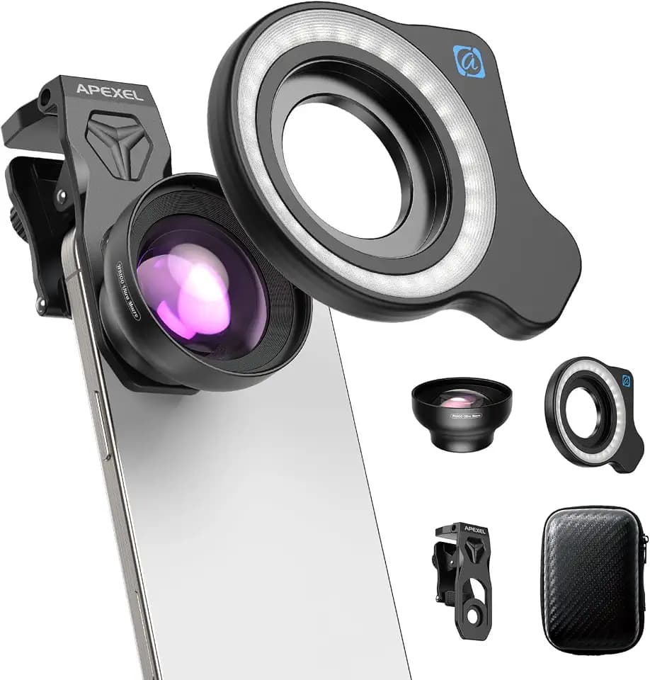 APEXEL HB100 Ultra-HD Handy-Makroobjektiv F1.05 mit mit 45 Fülllichtmodi und AF-Beschichtung,Handy Objektive Passend für iPhone, Samsung, Pixel Smartphones