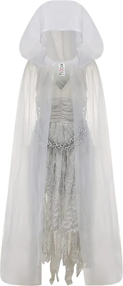 IKALI Geisterbraut Halloween Kostüm für Frauen, Friedhof, Zombie, Hexe, Outfit, weißes Kleid, langer Umhang mit Kapuze, Kunststoffkette S-XL
