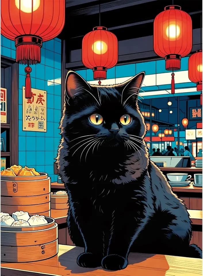 300 Piece Puzzle, Black Cat Chinese Dim Sum Restaurant, Retro Oriental