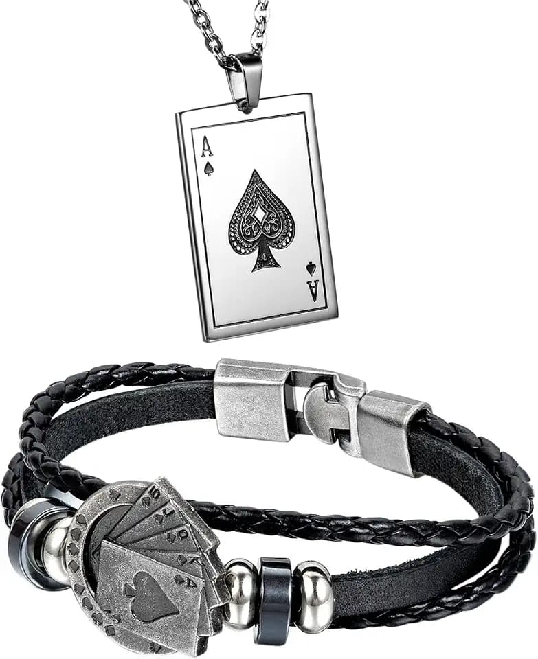Aroncent 2 Pcs Stainless Steel Ace of Spades Necklace Braided Leather Cool Skull Bracelet Poker Jewerly Set Cool Bracelets Personalized Necklace for Men