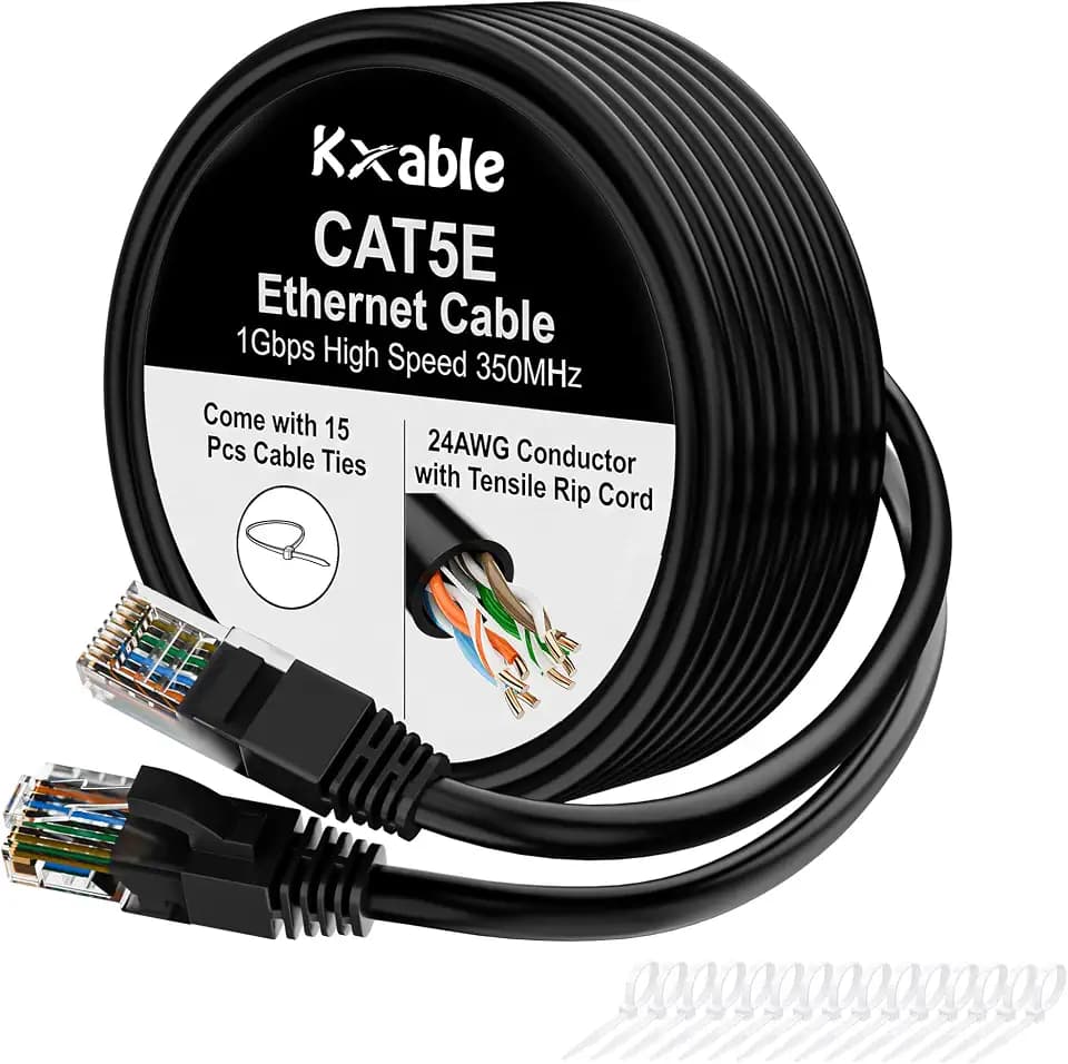 Cat5e Ethernet Cable 25 FT, Long Cat 5e Internet Cable, Black Snagless Patch Cord, Flexible, Network, LAN, PoE, Standard RJ45 Connector for PC, Server, Router, Modem, TV, PS5 - with 15 Cable Ties