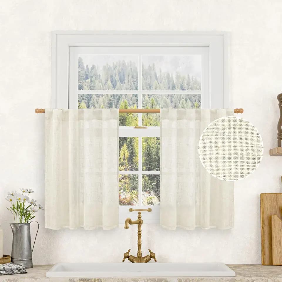 LAMIT Short Kitchen Window Semi Sheer Linen Curtains Over Sink 34x36 Inch