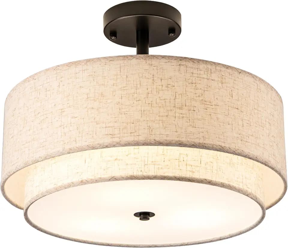 Ceiling Light Fixture, 3-Lights, 16", Linen Fabric Shade