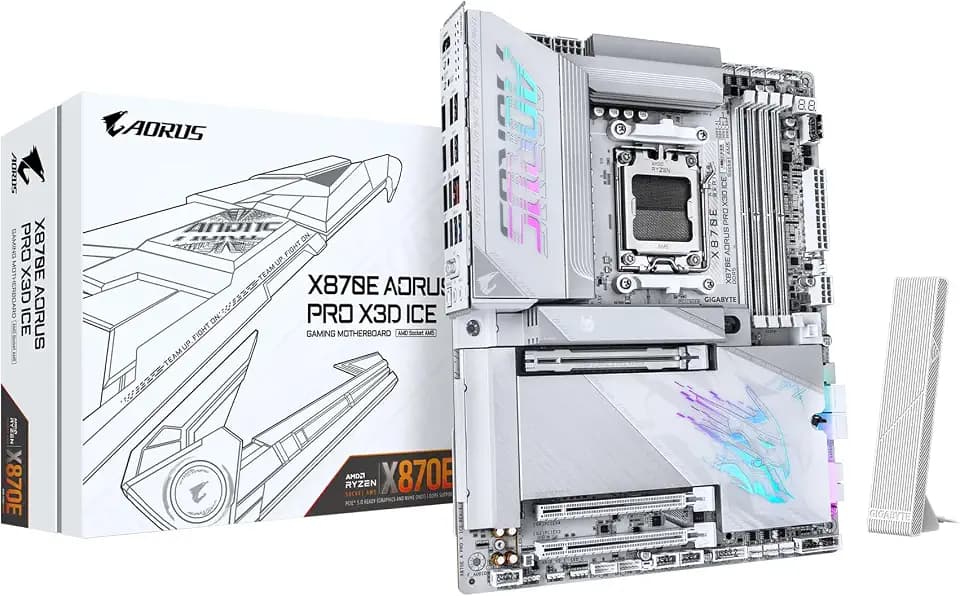 GIGABYTE X870E AORUS PRO X3D ICE AMD AM5 LGA 1718 ATX Motherboard, Ryzen 9000/8000/7000, DDR5, 18+2+2 Power Phase, 4X M.2, PCIe 5.0, WiFi, 5GbE