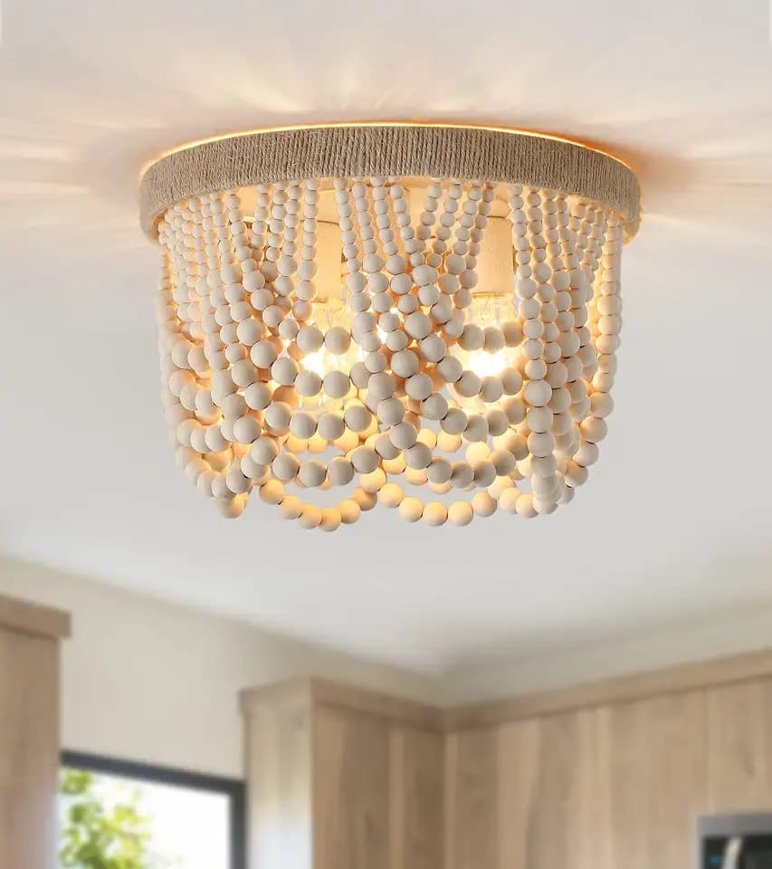 AMZASA Wood Beaded Flush Mount Ceiling Light Farmhouse Rustic Small Boho Chandelier Light Fixture for Bedroom Hallway Entryway Closet Kitchen Dining Room Living Room Nursery 3-Lights
