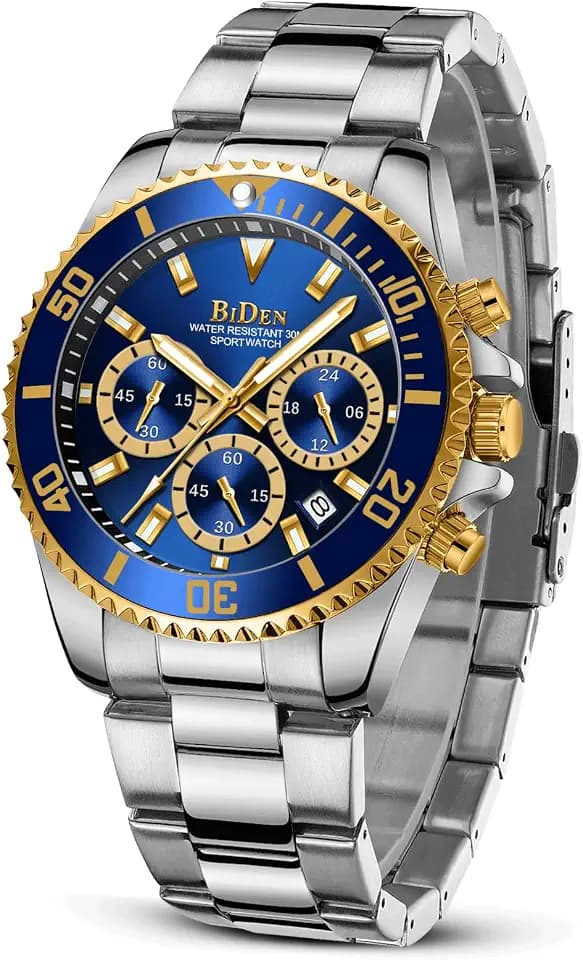 Herren-Armbanduhr, Designer-Chronograph, militärisch, wasserdicht, analog, Quarzuhr, Edelstahl, Armbanduhr, modisch, groß, Datumsanzeige, für Herren, Gold, Blau, Gold Schwarz B, Quarzuhr, Chronograph