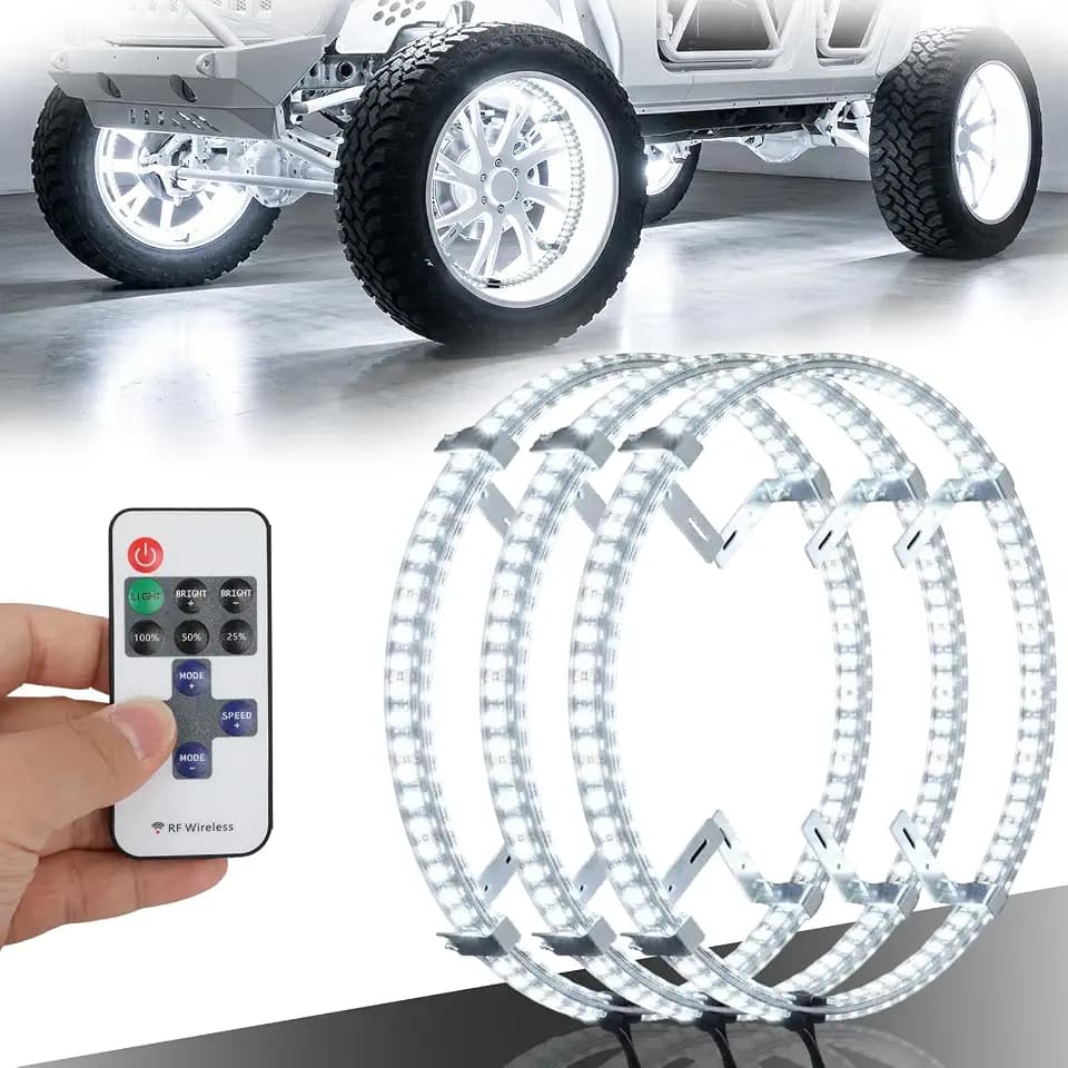4PCS 17" Double Row Wheel Lights for Truck Car SUV Pickup, Pure White Wheel Lights with Remote Control, Turn Signal & Brake Light Function, 5-24V