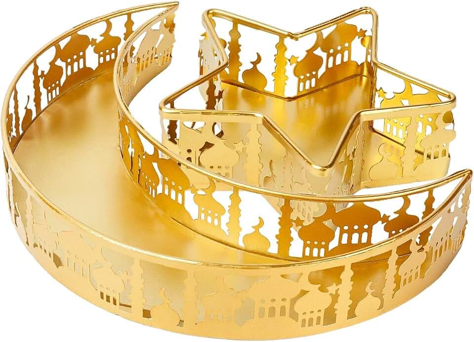 2 PCS Ramadan Kareem Iron Tray Decorations Moon Star Shaped Eid Mubarak Gift Box Dessert Tray Craft Islam Muslim Party Festival Table Decor (A)