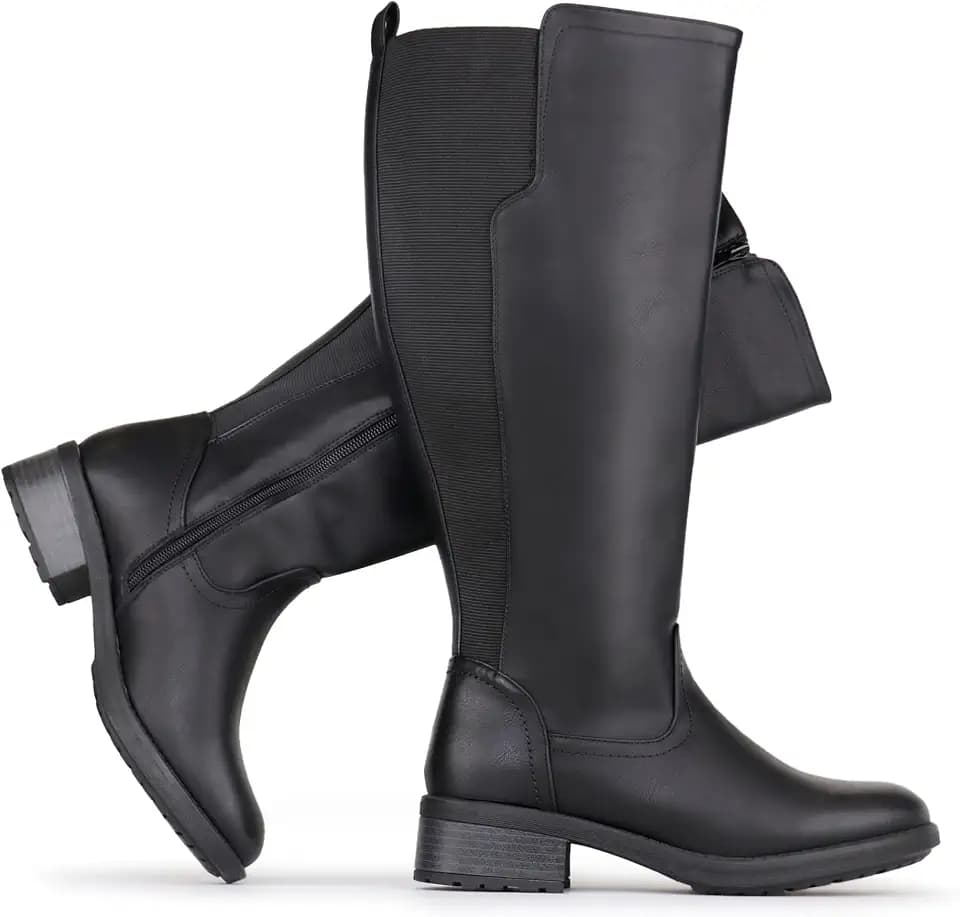 Bottes hautes pour femmes à mollet large, avec fermeture éclair latérale et empiècement extensible
