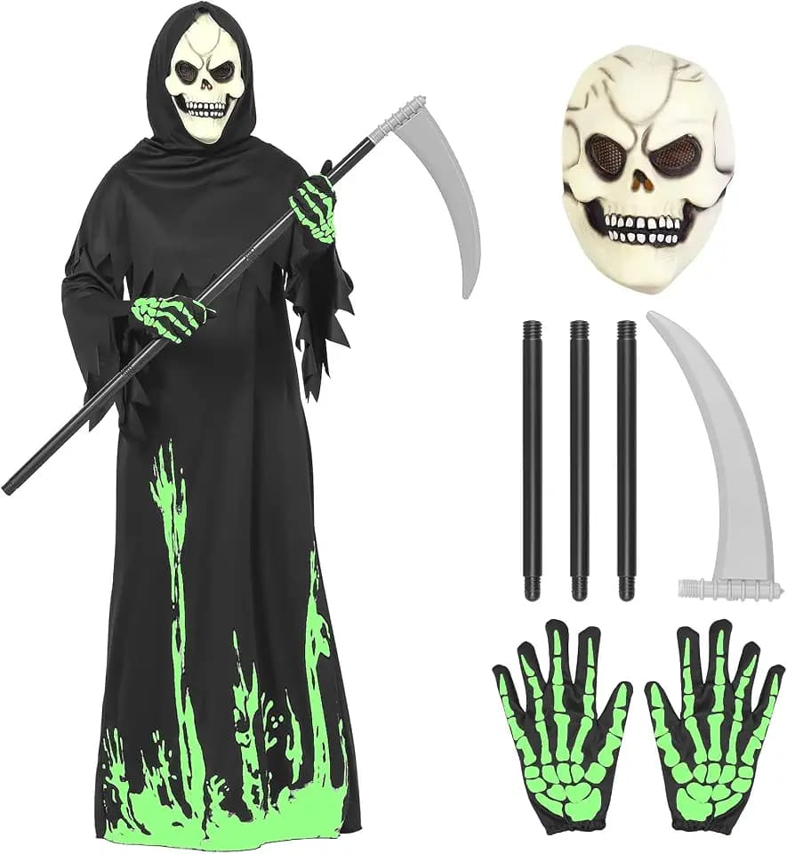 Halloween Grim Reaper Costume for Kids, Glow in the Dark Halloween Phantom Costume with Scythe,Skull Mask and Glove