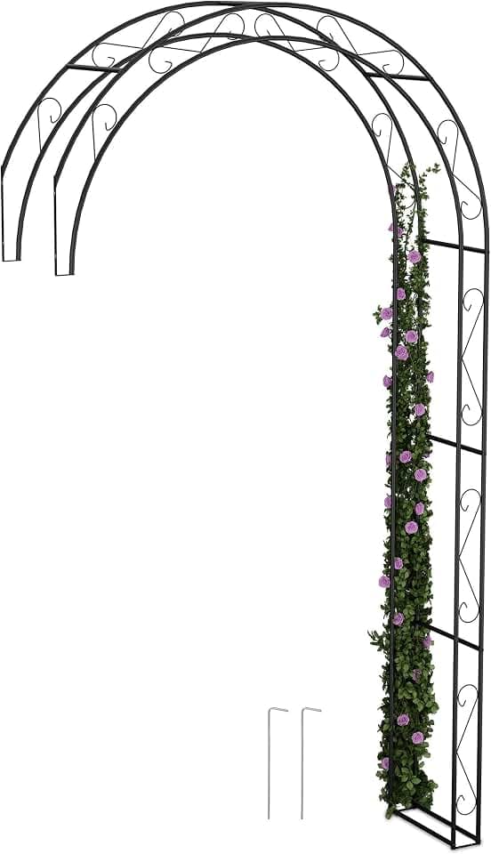 Relaxdays Rosenbogen Halbbogen, Metall, HxBxT: 245 x 130 x 36 cm, Rankbogen für Kletterpflanzen, Wandrosenbogen, schwarz