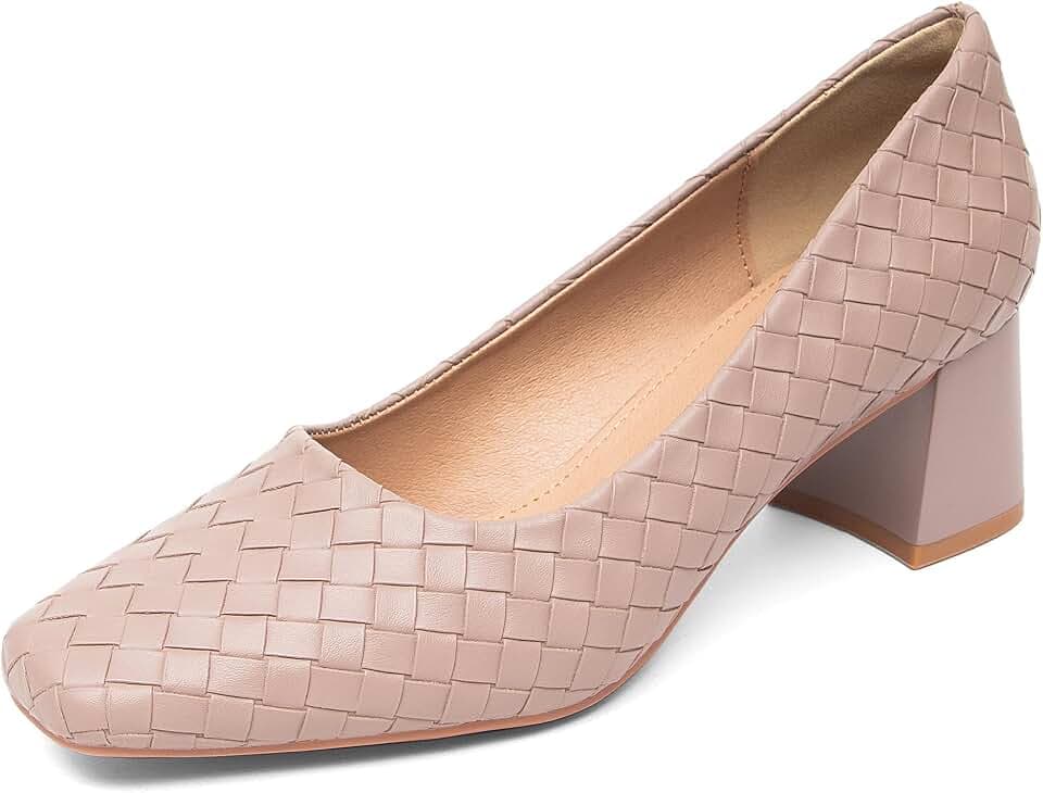 NEWBELLA Women’s Patent Square Toe Pumps - Low Chunky Block Heel Dress Shoes for Office, Party & Daily Wear