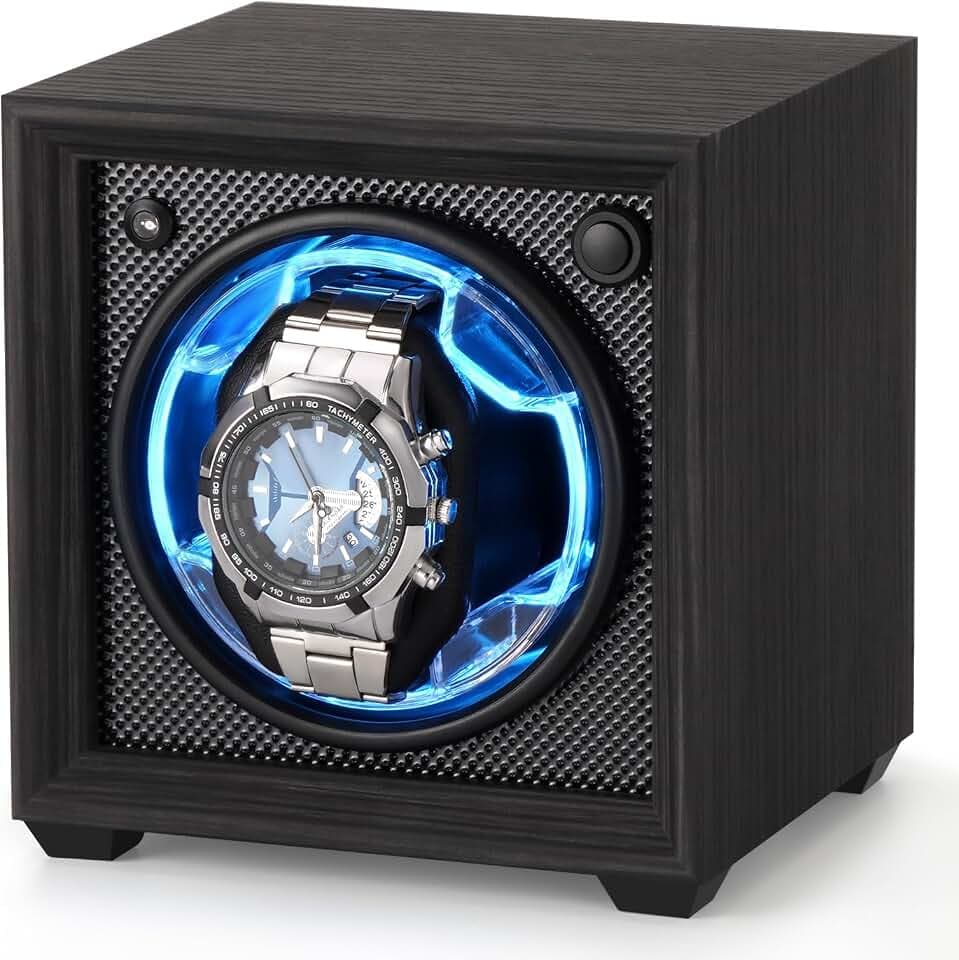 Isili Einzel Uhrenbeweger für Automatische Uhren, Auto Start-Stop Uhr Winders Box für Liebhaber, mit Quiet Motor 2 Rotation Mode Einstellung, blaues Licht, Geschenk für Vatertag