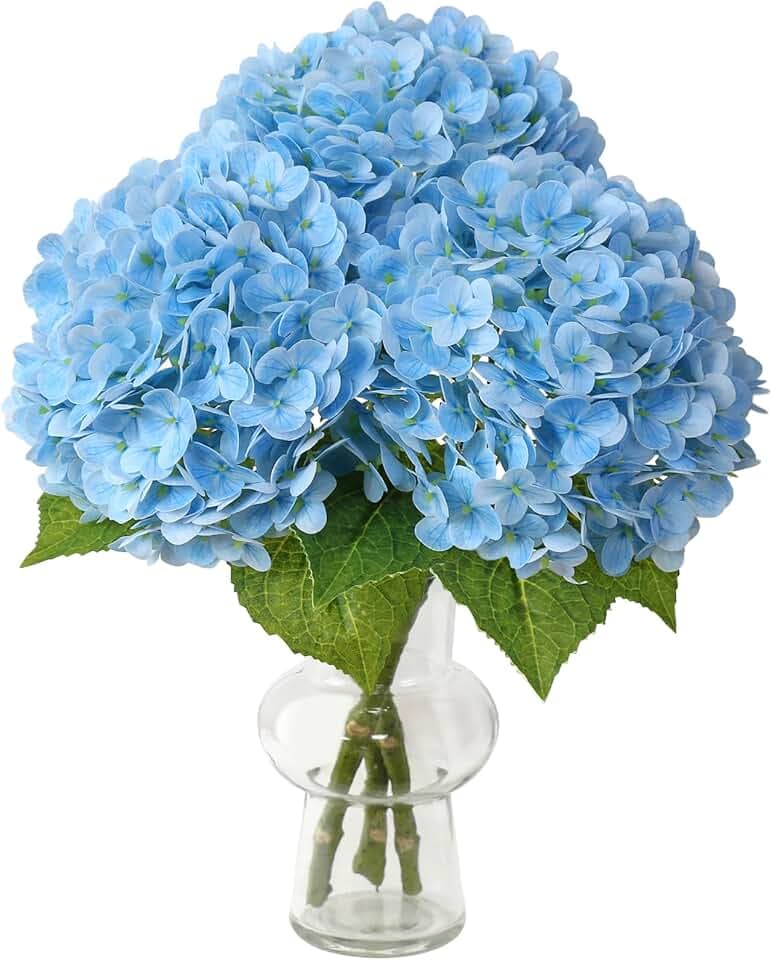 Leftover 21" Blue Hydrangea Artificial Flowers,3 Pcs Real Touch Hydrangea Flowers with 3 PCS Butterflies for Centerpiece Table Decorations,Floral Arrangements for Coffee Table Decor,Living Room Decor