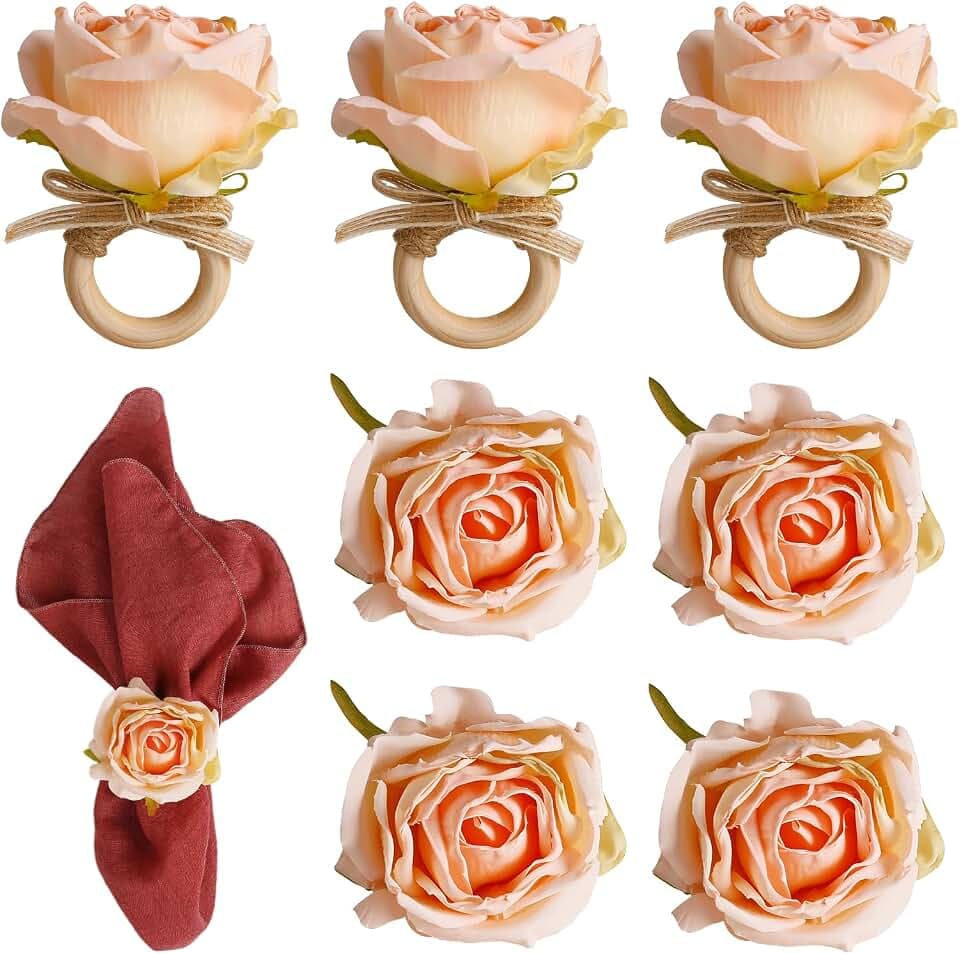 Flower Napkin Rings Set of 8, Handmade Rose Napkin Holder with Wooden Buckles for Dinners Table Decoration