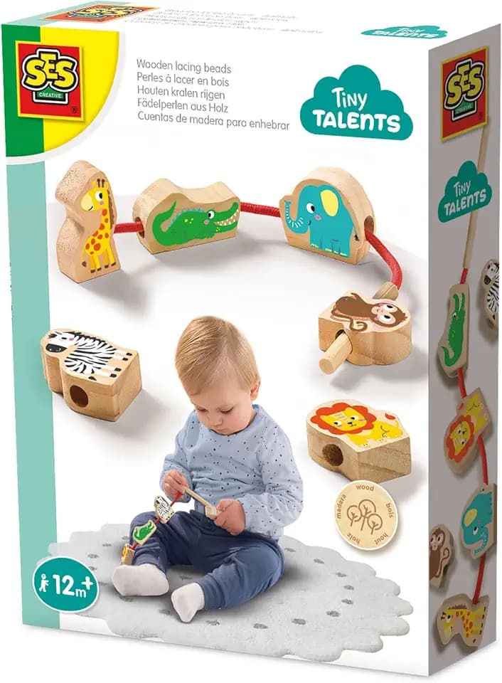 SES Creative Fädelperlen-Tiere aus Holz | Fädelspielzeug | Made in Holland | für Kinder ab 1 Jahren | Diverse Farben | 5 Tierperlen | 13141