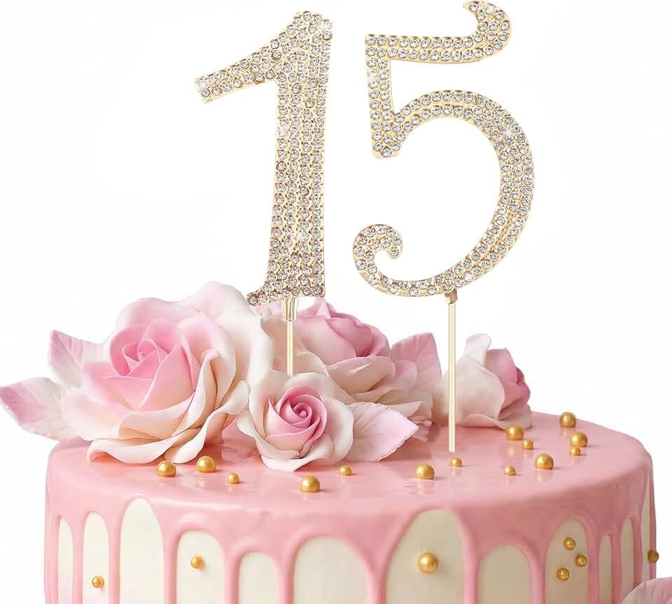 15 Cake Topper, Alloy Crystal Rhinestones Numero 15 Para Pastel, Numero 15 Decoracion Para Quinceañera, for 15th Birthday or Anniversary Party (Gold)