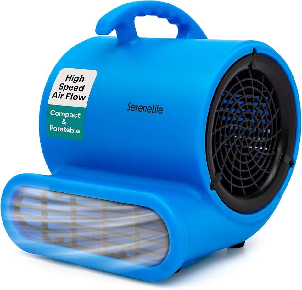 SereneLife Air Mover Blower Fan 1000 CFM – Powerful High Performance 3-Speed Fan for Floor & Carpet Drying, Portable Floor Fan w/Adjustable Tilt, Plug Multiple Units for Home Garage & Restoration Use