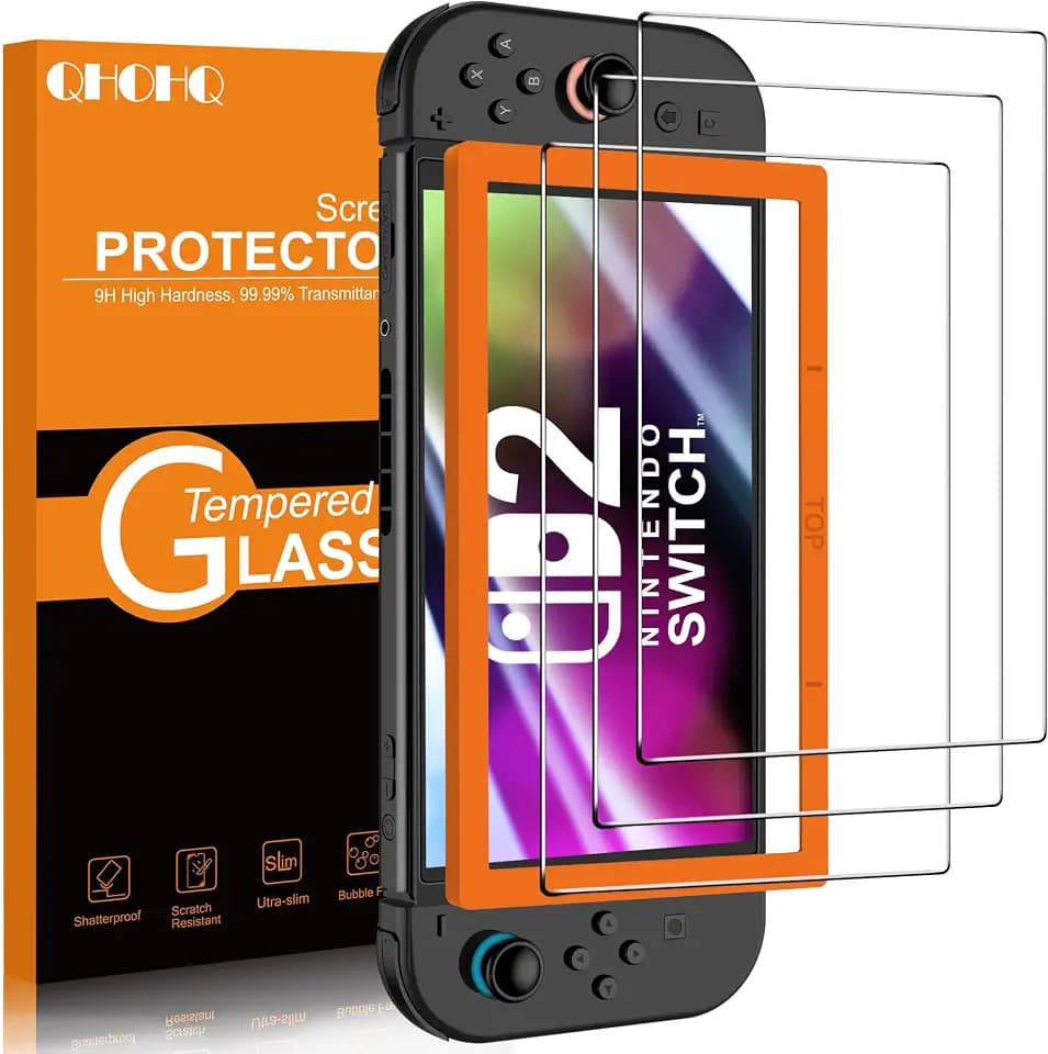 QHOHQ Screen Protector for Nintendo Switch 2 [7.9 Inch] Model 2025, [Military Grade Shatterproof], Top 9H+ Tempered Glass, HD Clear, Full Coverage, Ultra Durable [3 Pack]