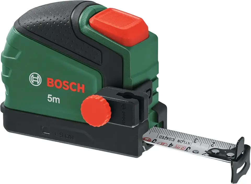 Bosch Maßband 5m mit Stifthalter (Auto-Lock; Nylonbeschichtetes Band; 22mm Breite; 2m abknickfreie Ausziehlänge; metrische Skala; hohe Genauigkeit; Zweirichtungshaken; Gürtelclip; Softgrip)