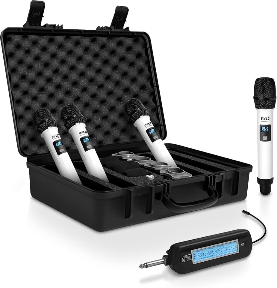 4 Channel Wireless Microphone System, Portable UHF Band Receiver System, Independent Channel Controls, RF Signal LCD Indicator, Digital Audio Microphone Set with 4 Handheld Microphones (White)