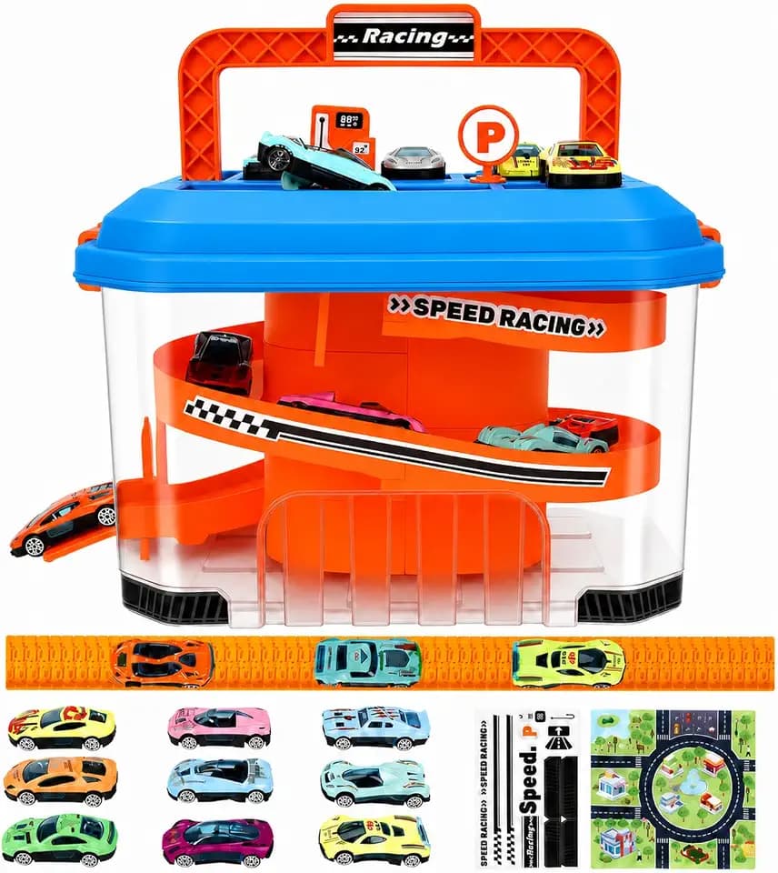Toy Car Track Storage Playset: Toddler Toys for Ages 3-4, 12 Diecast Cars
