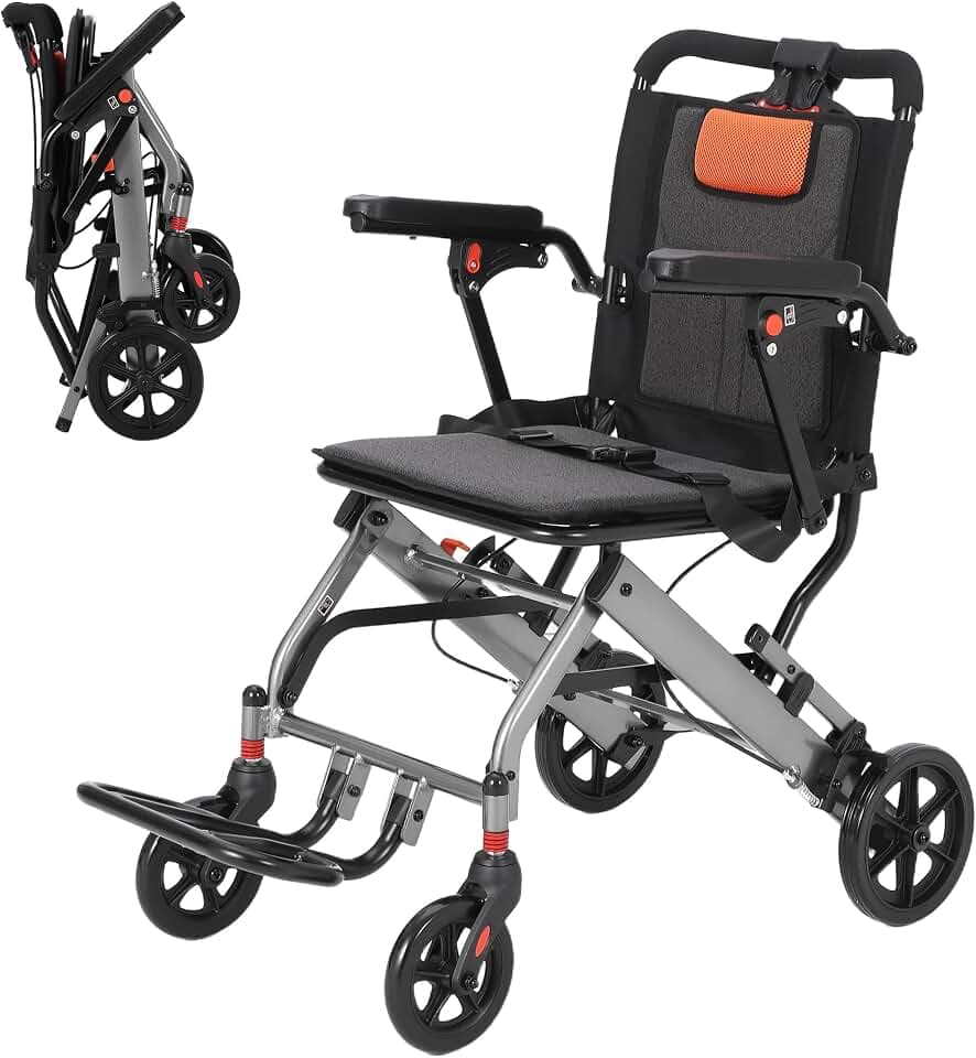 Foldable Wheelchair for Adults, Lightweight Transport Chair with Flip Armrests and Swing Footrests, Portable Aluminum Frame, Locking Handbrakes, Travel-Ready for Seniors