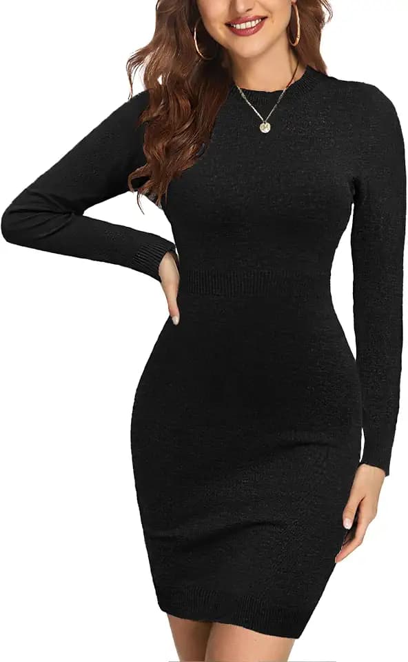 Zeagoo Damen Kleid Rundhals Strickkleid Herbst Langarm Kleider Elegant Bodycon Pulloverkleid Casual Einfarbig Minikleid
