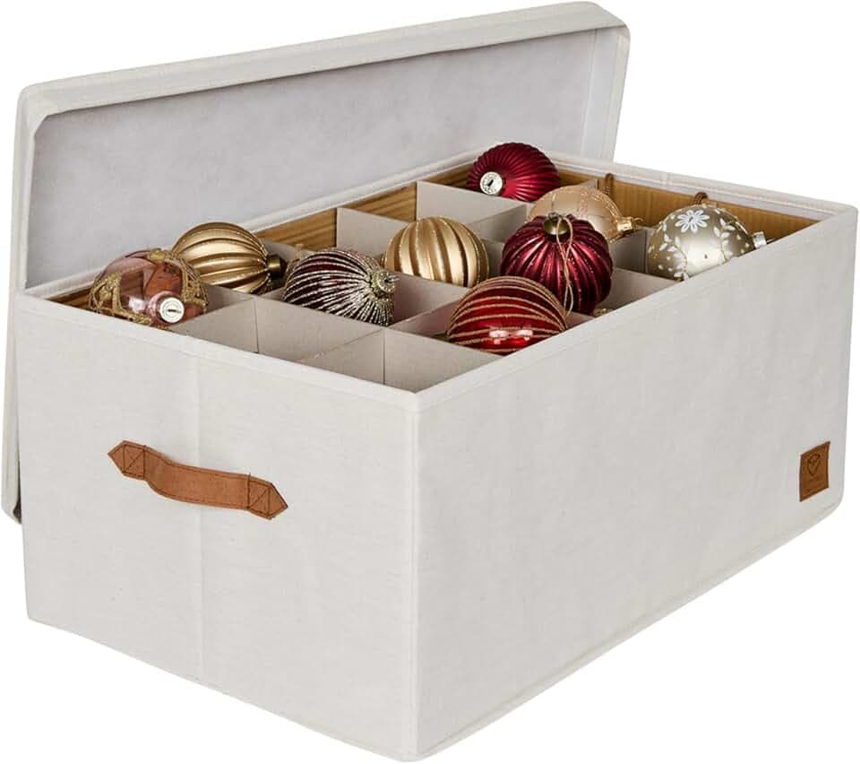 LOVE IT STORE IT Premium Aufbewahrungsbox für Weihnachtskugeln - Box für Christbaumschmuck aus Stoff - 30 Fächer, Tray komplett herausnehmbar - Beige - 58x36x25 cm
