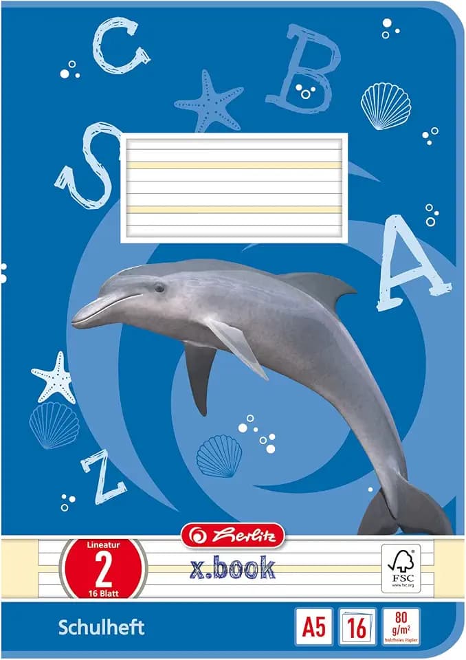 herlitz Schulheft A5 Lineatur 2, 16 Blatt, Motiv Delfin