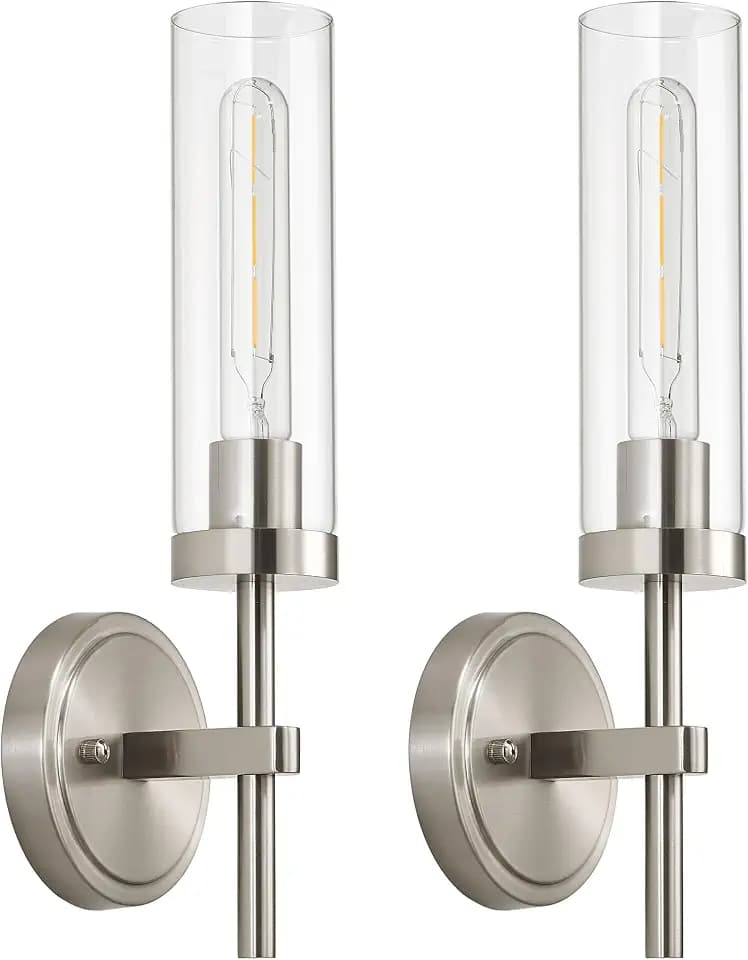 SANTOSTOCK Brushed Nickel Wall Sconces Set of 2, Hardwired Bathroom Sconces Vanity Light Fixture, Farmhouse Wall Mount Lamps for Mirror Living Room Bedroom Hallway