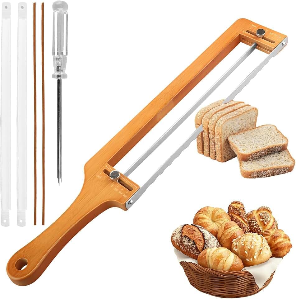 Adjustable Bread Slicer for Homemade Bread - Wooden Sourdough Knife with Thickness Guide, Serrated Blade & 2 Replacement Blades, Ambidextrous for Sourdough Baguette, Ideal Gift for Bakers