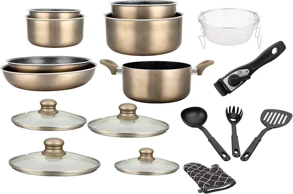Herzberg - Kochtopfset - 17-teiliges Induktions-Topf- und Pfannenset - Geschmiedetes Aluminium mit Marmorbeschichtung - Abnehmbarer Griff - Antihaft - Alle Herdarten - Inkl. Handschuh - Kupfer