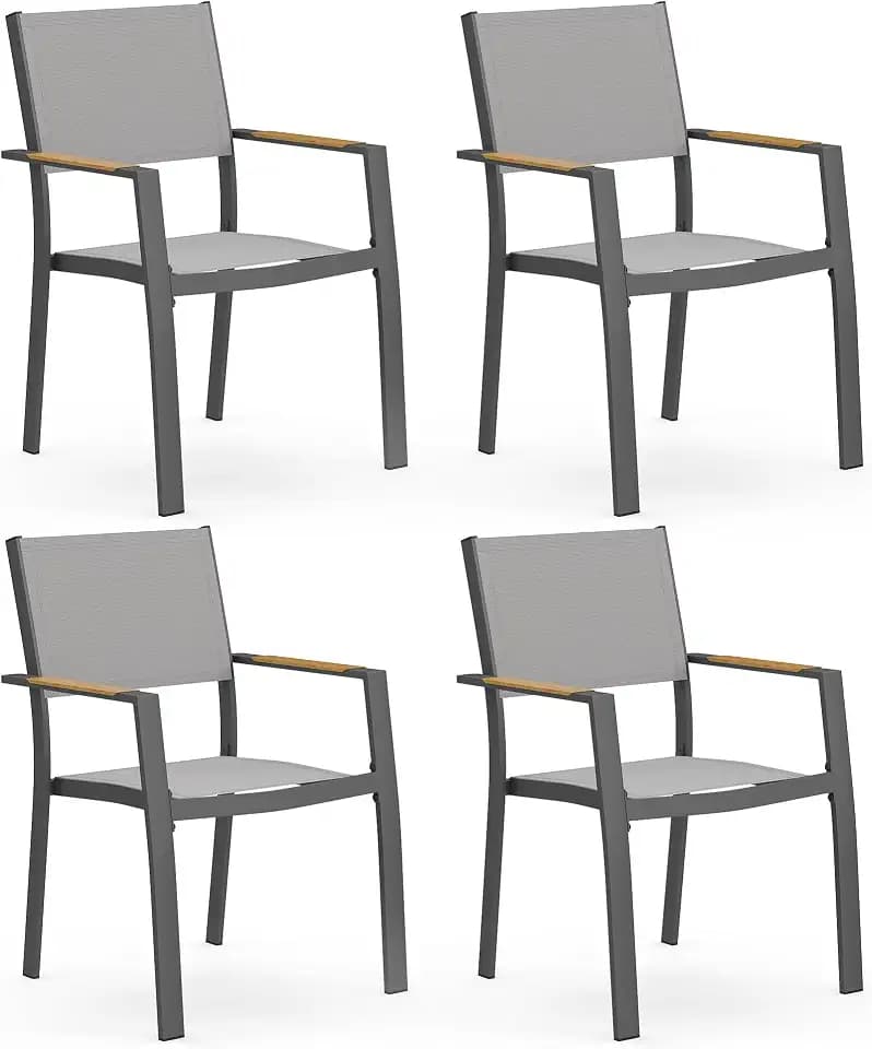 Patio Chairs with Armrests, All-Weather Aluminum Dining Chairs Set of 4, Outdoor Chairs with Quick-Drying Breathable Textilene, Outdoor Patio Chairs with 110° High Backrest for Backyard, Porch, Grey