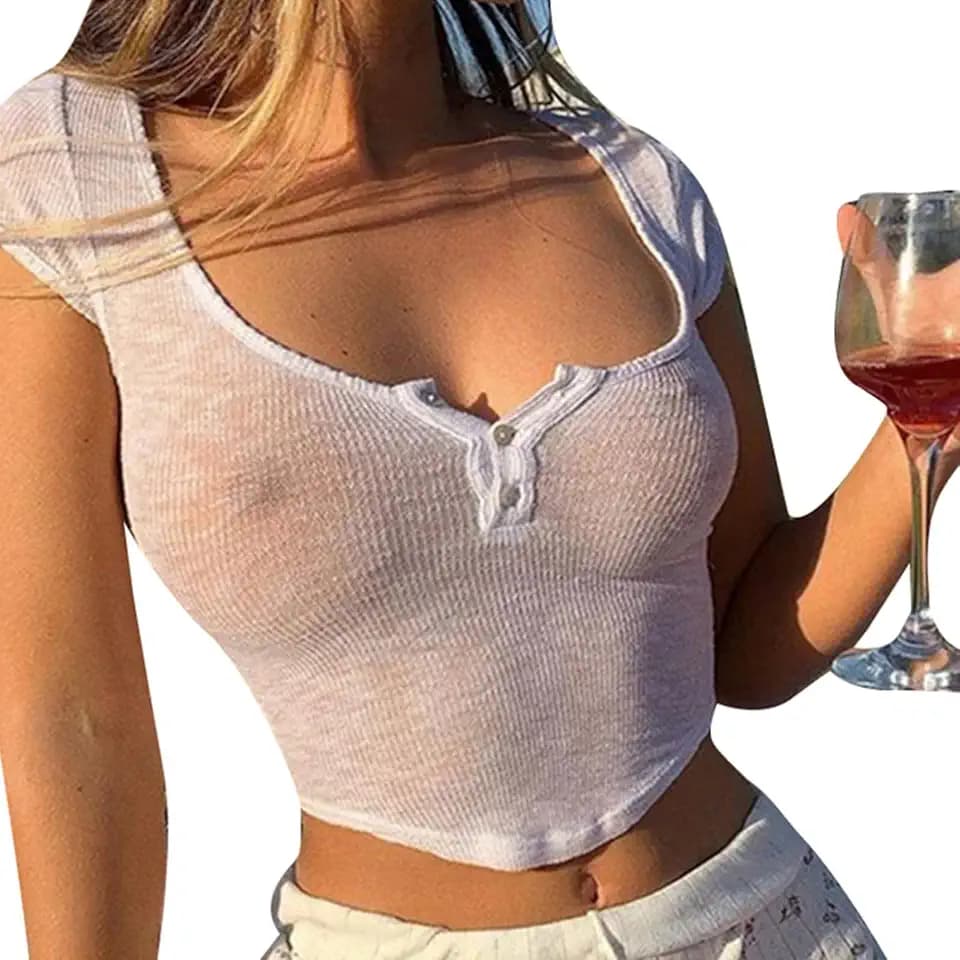 Women's Sexy See-Through T-Shirt Tops Y2k Short Sleeve Low Cut Baby Tee Sheer Summer Cropped Shirt