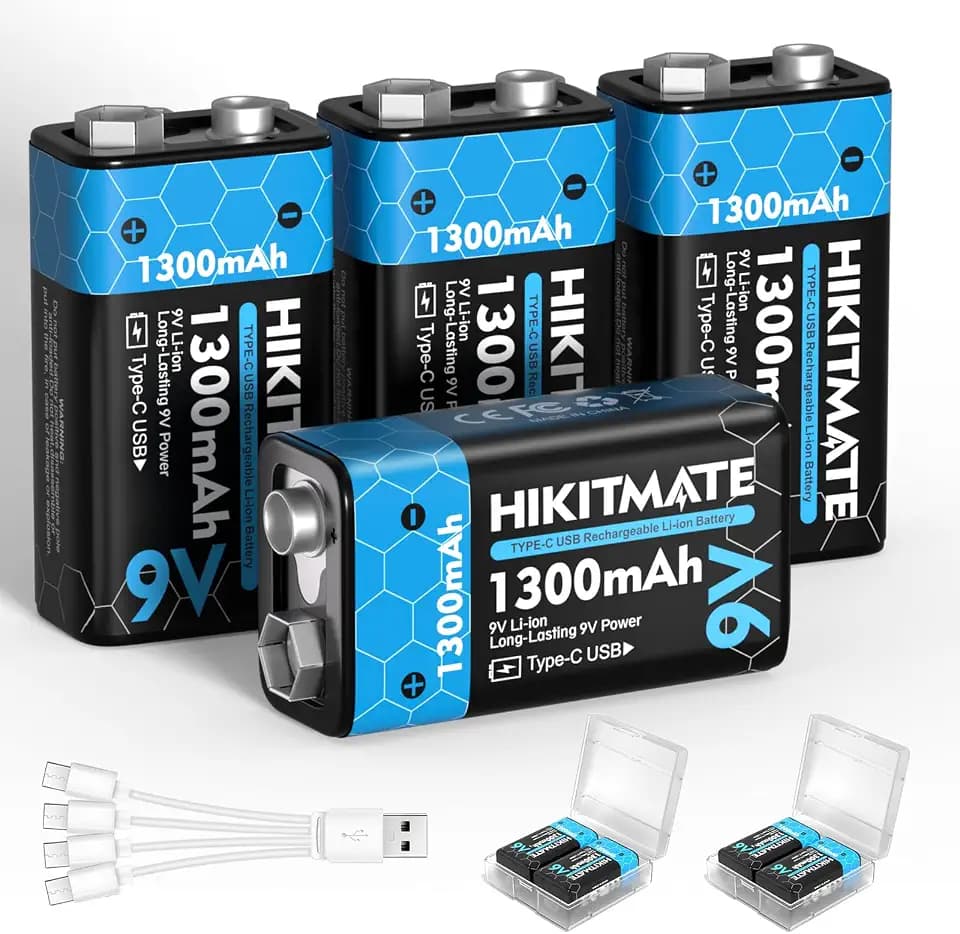 Rechargeable 9V Batteries Lithium USB-C 1300mAh, 4 Pack