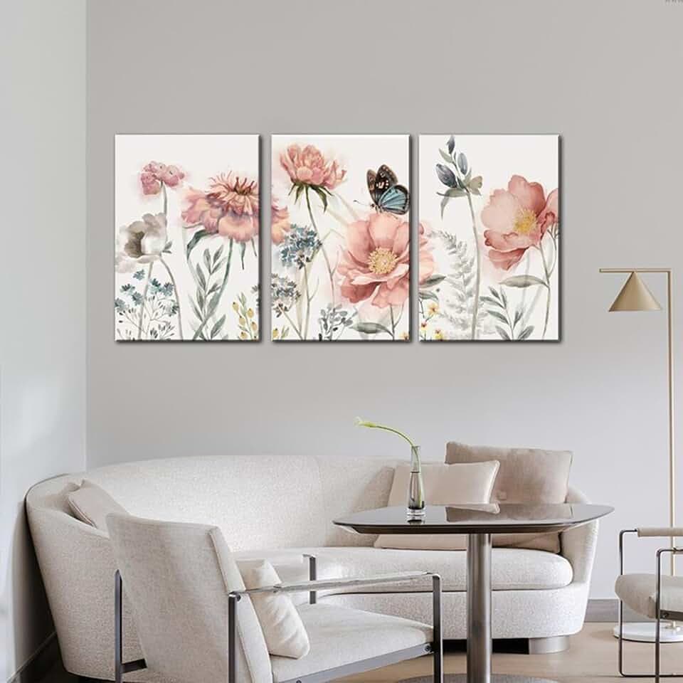 Umimiss Leinwandbild, ungerahmt, Blumen und Schmetterlinge, Wohnzimmer, Schlafzimmer, 3 Stück