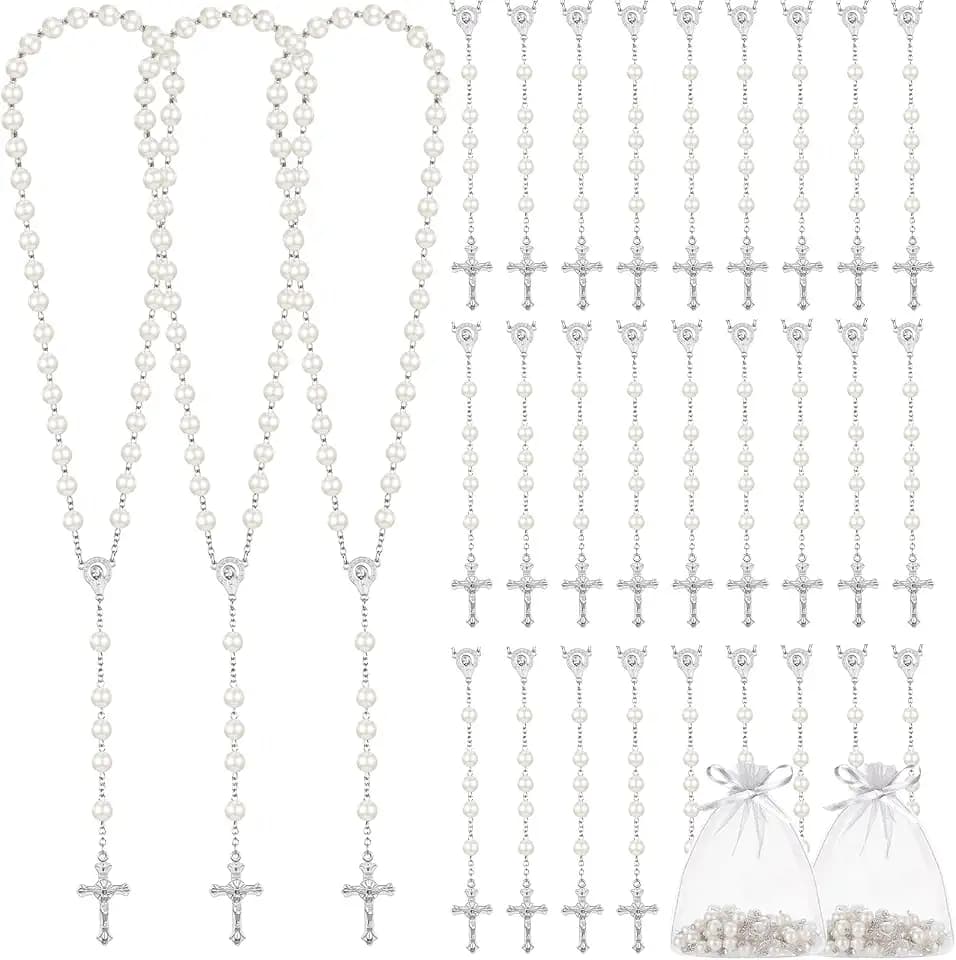 ROCEEI 50 Set Catholic Rosary Bulk 8mm Glass Pearl Beads Rosary Necklace First Communion Rosaries with Alloy Cross Mesh Bag for Gift (White)